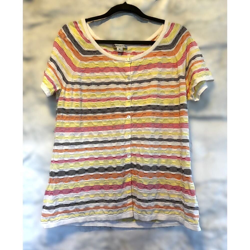 Pendleton Cotton Sweater Tee Striped Button Front Coastal Summer Chic XL